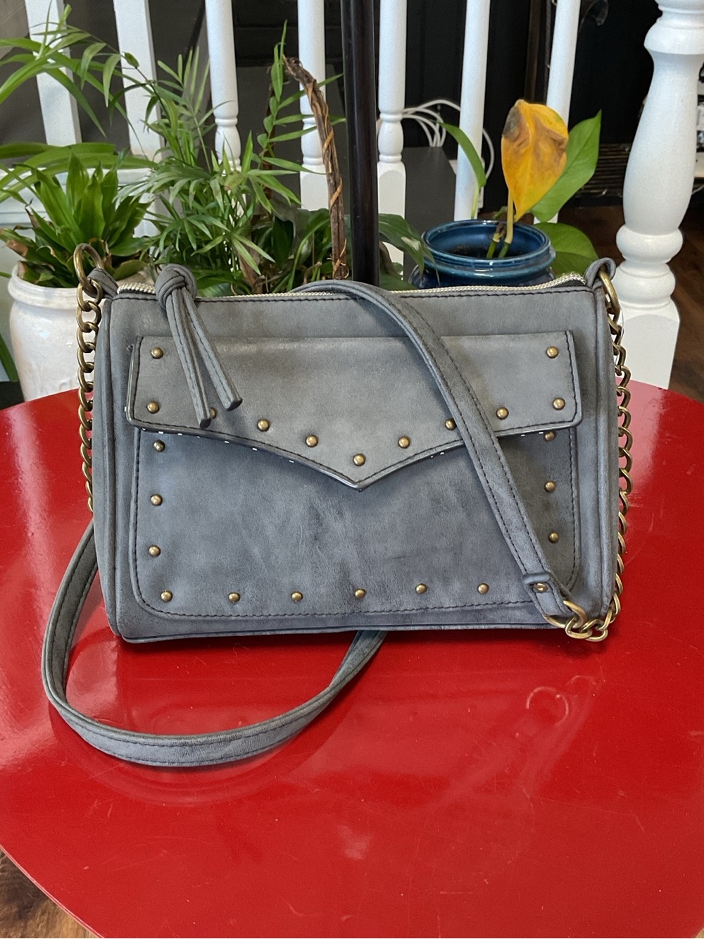 Women’s Stud-Accent Faux Suede Crossbody Bag - Gray